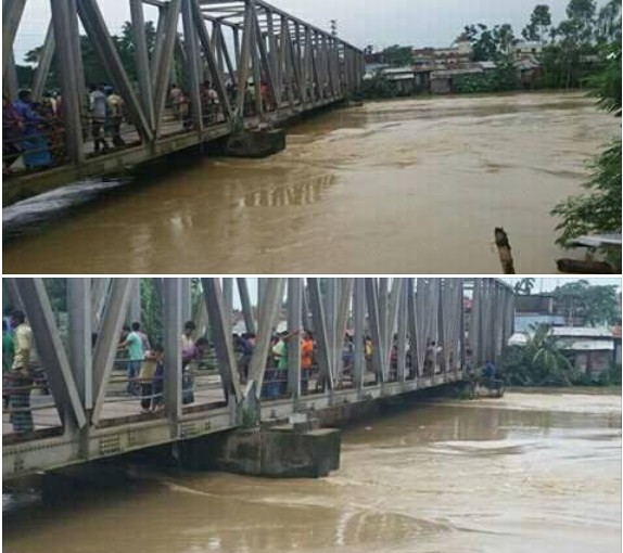 অতি বর্ষায় হবিগঞ্জের খোয়াই নদীর পানি বিপৎসীমার ওপরে প্রবাহিত হচ্ছে ।।